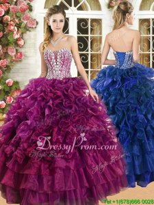 Flare Sweetheart Sleeveless Quince Ball Gowns Floor Length Beading and Ruffles and Ruffled Layers Burgundy Organza