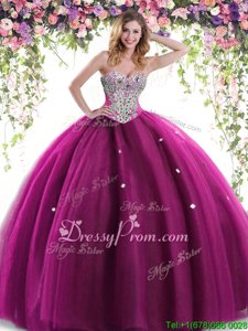 Dynamic Fuchsia Ball Gowns Sweetheart Sleeveless Tulle Floor Length Lace Up Beading Vestidos de Quinceanera