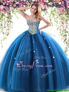 Free and Easy Sweetheart Sleeveless Lace Up 15 Quinceanera Dress Blue Tulle
