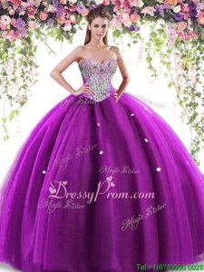 Glamorous Floor Length Eggplant Purple Sweet 16 Dress Tulle Sleeveless Spring and Summer and Fall and Winter Beading