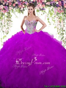 Luxury Sweetheart Sleeveless Sweet 16 Dress Floor Length Beading Eggplant Purple Tulle