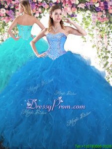 Dynamic Blue Ball Gowns Sweetheart Sleeveless Tulle Floor Length Lace Up Beading 15th Birthday Dress