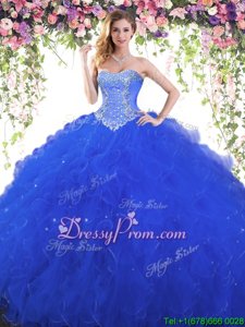 Unique Royal Blue Lace Up Sweetheart Beading Sweet 16 Dress Tulle Sleeveless
