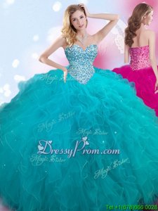 Elegant Teal Lace Up Sweetheart Beading Vestidos de Quinceanera Tulle Sleeveless