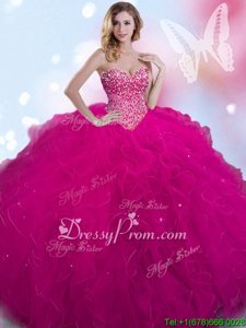 Superior Ball Gowns Vestidos de Quinceanera Fuchsia Sweetheart Tulle Sleeveless Floor Length Lace Up