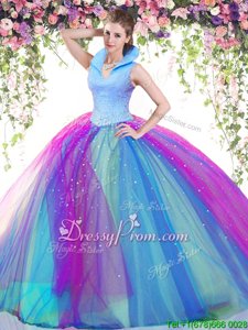 Gorgeous Floor Length Backless Quince Ball Gowns Multi-color and In forMilitary Ball and Sweet 16 and Quinceanera withBeading