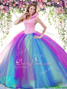 Modern Multi-color Ball Gowns Tulle Sleeveless Beading Floor Length Backless Sweet 16 Dress