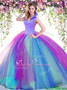 Custom Fit Sleeveless Satin and Tulle Floor Length Backless 15th Birthday Dress inLavender and Multi-color withBeading