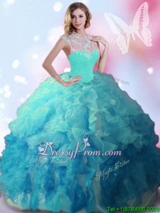 Glorious High-neck Sleeveless Zipper Sweet 16 Dress Turquoise Tulle