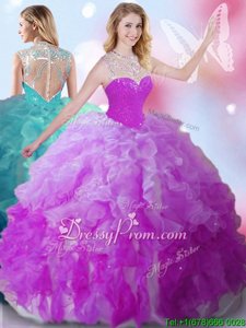 Super Fuchsia High-neck Zipper Beading Vestidos de Quinceanera Sleeveless