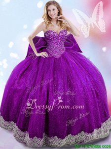 Fancy Eggplant Purple Taffeta Lace Up Sweetheart Sleeveless Floor Length Sweet 16 Quinceanera Dress Beading and Lace and Bowknot