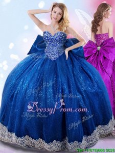 Traditional Royal Blue Lace Up 15th Birthday Dress Beading and Lace and Bowknot Sleeveless Floor Length