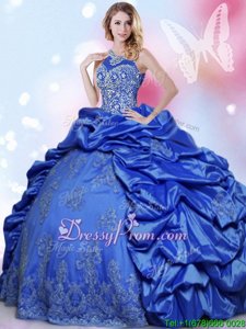 Sumptuous Blue Ball Gowns Taffeta Halter Top Sleeveless Beading and Lace and Appliques and Pick Ups Floor Length Lace Up Quinceanera Dress