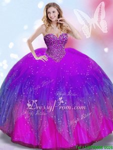 Pretty Multi-color Tulle Lace Up Ball Gown Prom Dress Sleeveless Floor Length Beading