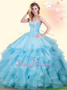 Sweetheart Sleeveless Quince Ball Gowns Floor Length Beading and Ruffles Baby Blue Organza