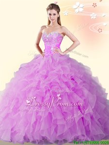 Lilac Sleeveless Organza Lace Up Sweet 16 Quinceanera Dress forMilitary Ball and Sweet 16 and Quinceanera