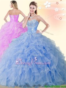 Pretty Beading and Ruffles Quince Ball Gowns Blue Lace Up Sleeveless Floor Length