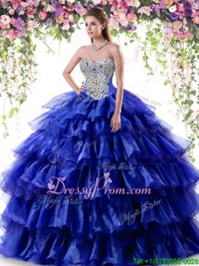 Fitting Organza Sweetheart Sleeveless Lace Up Beading and Ruffled Layers Ball Gown Prom Dress inRoyal Blue