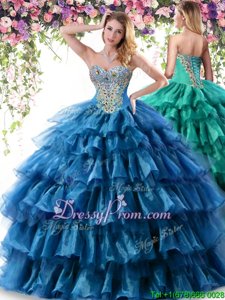 Teal 15 Quinceanera Dress Military Ball and Sweet 16 and Quinceanera and For withBeading and Ruffled Layers Sweetheart Sleeveless Lace Up