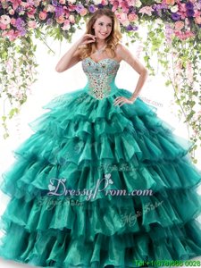 Top Selling Green Organza Lace Up Sweetheart Sleeveless Floor Length Quinceanera Dress Beading and Ruffled Layers