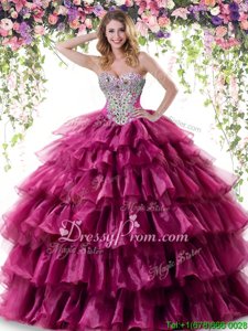 Adorable Sweetheart Sleeveless Quinceanera Gowns Floor Length Beading and Ruffled Layers Fuchsia Organza