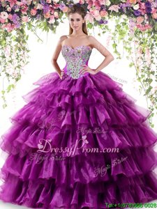 Pretty Floor Length Lace Up Quinceanera Gown Purple and In forMilitary Ball and Sweet 16 and Quinceanera withBeading and Ruffled Layers