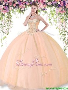 Edgy Peach Ball Gowns Sweetheart Sleeveless Tulle Floor Length Lace Up Beading Sweet 16 Dresses