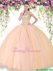 Edgy Peach Ball Gowns Sweetheart Sleeveless Tulle Floor Length Lace Up Beading Sweet 16 Dresses