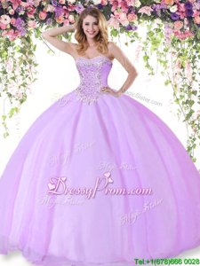 Excellent Lilac Lace Up Sweetheart Beading Quinceanera Gown Tulle Sleeveless