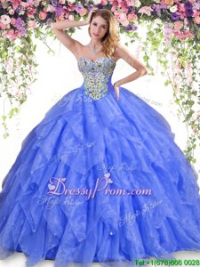 Captivating Blue Sweet 16 Dress Military Ball and Sweet 16 and Quinceanera and For withBeading and Ruffles Sweetheart Sleeveless Lace Up