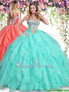 Customized Sleeveless Floor Length Beading and Ruffles Lace Up 15th Birthday Dress with Apple Green
