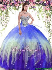 Noble Floor Length Multi-color 15th Birthday Dress Tulle Sleeveless Spring and Summer and Fall and Winter Beading