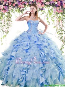 Fashion Sweetheart Sleeveless Quinceanera Dress Floor Length Beading and Ruffles Blue Organza and Taffeta