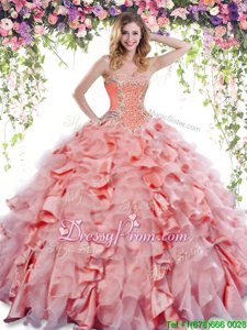 Exceptional Orange Red Ball Gowns Beading and Ruffles Quinceanera Gowns Lace Up Organza and Taffeta Sleeveless Floor Length
