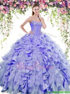 Top Selling Lavender Ball Gowns Beading and Ruffles Quinceanera Dresses Lace Up Organza and Taffeta Sleeveless Floor Length