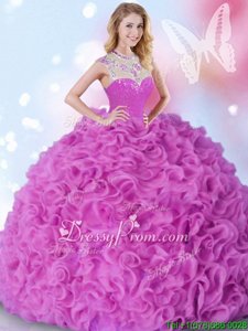 Pretty Fuchsia Sleeveless Organza Zipper 15 Quinceanera Dress forMilitary Ball and Sweet 16 and Quinceanera