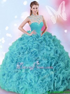 Popular Aqua Blue High-neck Zipper Beading and Ruffles Ball Gown Prom Dress Sleeveless