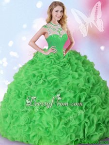 Sexy Spring Green Organza Zipper Vestidos de Quinceanera Sleeveless Floor Length Beading and Ruffles