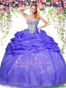 Elegant Floor Length Lavender Quinceanera Gowns Organza Sleeveless Spring and Summer and Fall and Winter Beading and Pick Ups