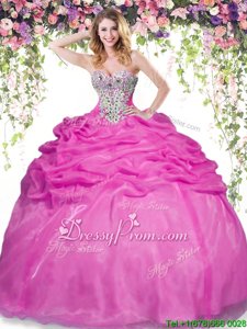 New Arrival Hot Pink Sleeveless Floor Length Beading and Pick Ups Lace Up Ball Gown Prom Dress