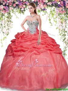 Customized Red Sleeveless Floor Length Beading and Pick Ups Lace Up Sweet 16 Dress