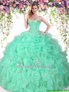 Cheap Apple Green Ball Gowns Beading and Ruffles Quinceanera Dress Lace Up Organza Sleeveless Floor Length