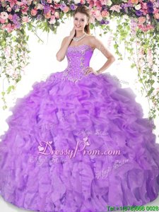Custom Designed Lilac Organza Lace Up Sweet 16 Quinceanera Dress Sleeveless Floor Length Beading and Ruffles