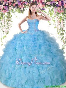 Elegant Floor Length Baby Blue Quince Ball Gowns Organza Sleeveless Spring and Summer and Fall and Winter Beading and Ruffles