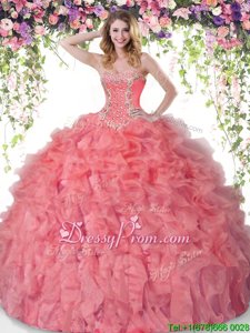Customized Floor Length Coral Red Sweet 16 Quinceanera Dress Organza Sleeveless Spring and Summer and Fall and Winter Beading and Ruffles