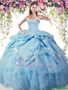Beauteous Baby Blue Organza and Taffeta Lace Up Sweetheart Sleeveless Floor Length Quince Ball Gowns Beading and Pick Ups