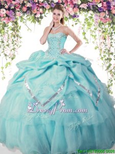 Wonderful Organza and Taffeta Sweetheart Sleeveless Lace Up Beading and Pick Ups 15 Quinceanera Dress inAqua Blue