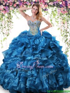 Free and Easy Sleeveless Organza Floor Length Lace Up Quinceanera Gown inBlue forSpring and Summer and Fall and Winter withBeading and Ruffles
