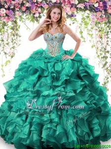Turquoise Lace Up Sweetheart Beading and Ruffles Sweet 16 Dresses Organza Sleeveless