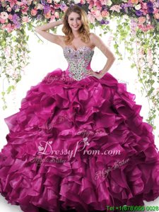 Dynamic Floor Length Fuchsia Quince Ball Gowns Organza Sleeveless Spring and Summer and Fall and Winter Beading and Ruffles